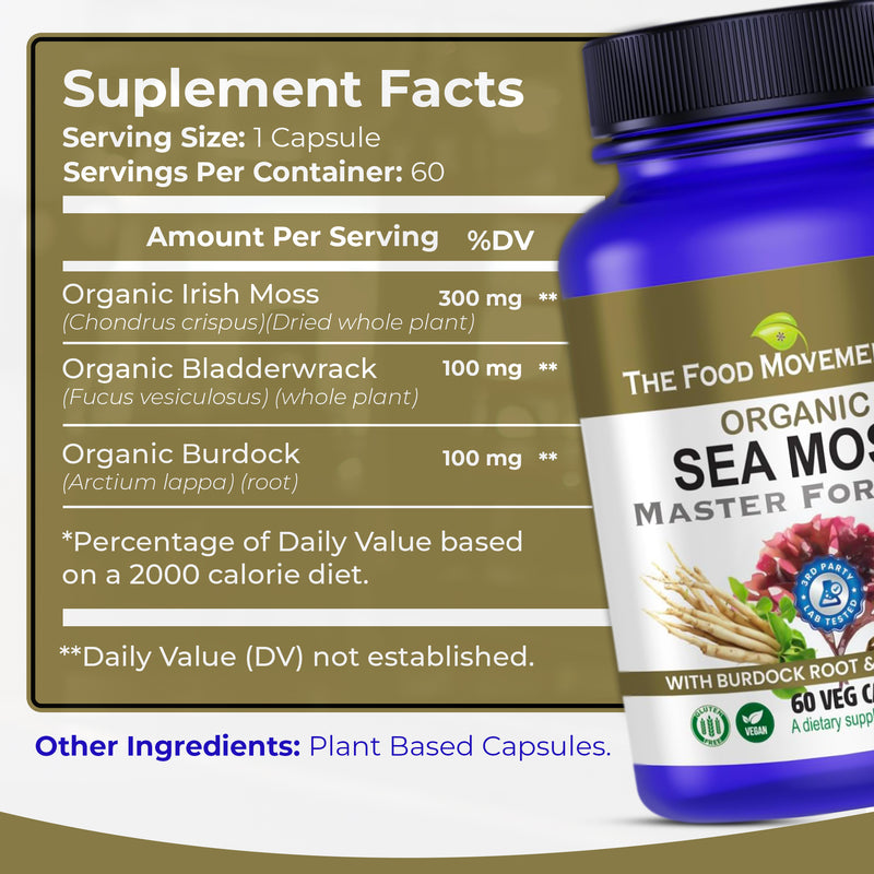 Sea Moss Master Formula - certified organic (Irish Sea Moss, Burdock Root & Bladderwrack) 60 or 120 vegan capsules