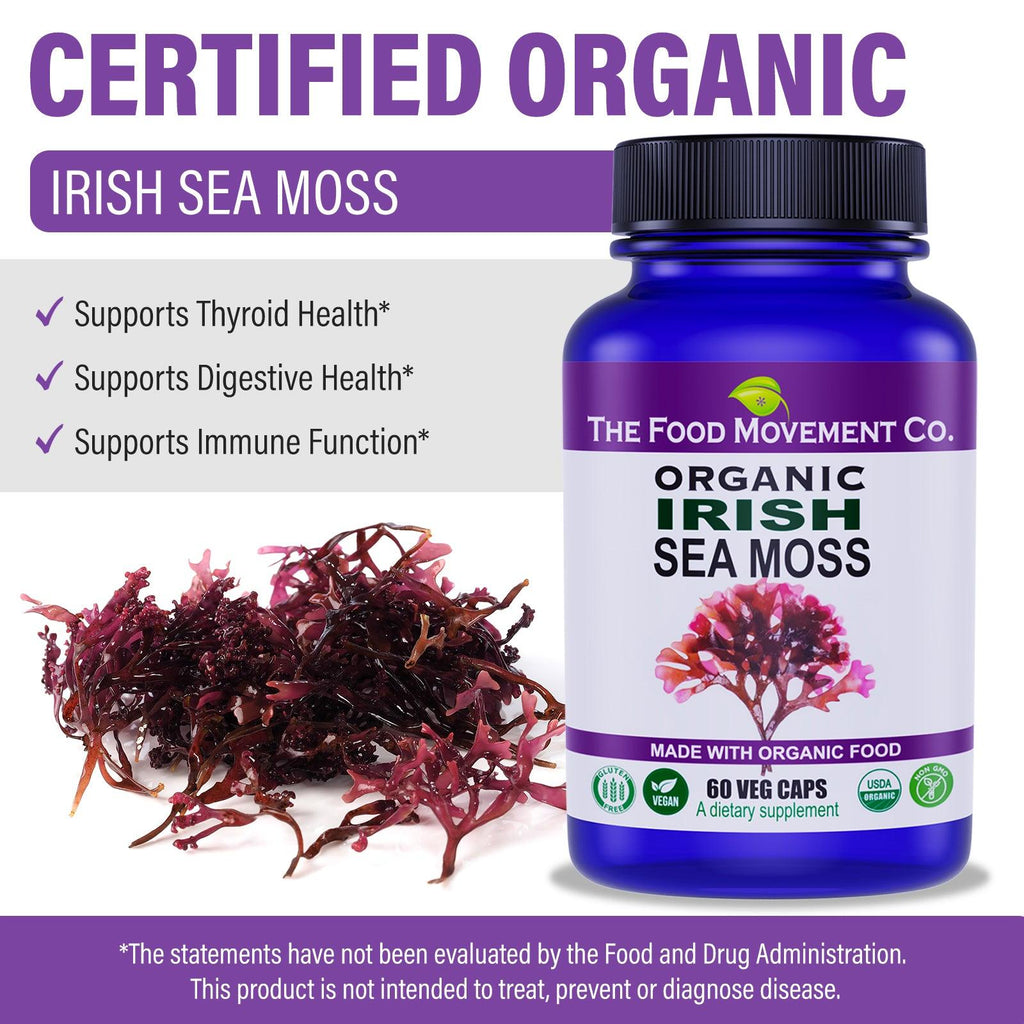 Irish Sea Moss, 60 vegan capsules - organic sea minerals prebiotic food for detox and thyroid support immune health - The Food Movement Natural Products Company